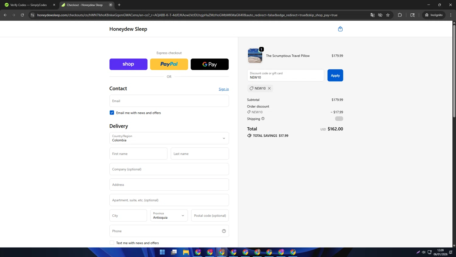 Honeydew Sleep checkout page showing Honeydew Sleep discount code box | Screenshot taken by SimplyCodes community member on Jan 6, 2026