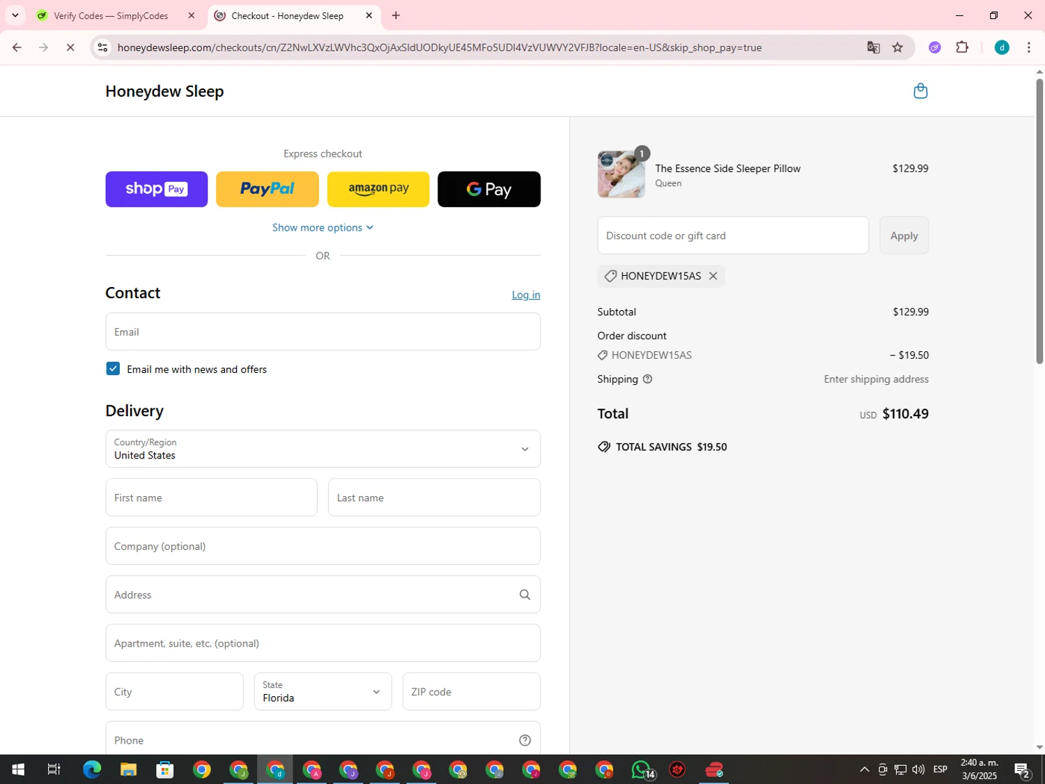 Honeydew Sleep discount code screenshot showing code HONEYDEW15AS applied at Honeydew Sleep checkout page. Uploaded by SimplyCodes community member GloriousTiger3507 on Jun 3, 2025