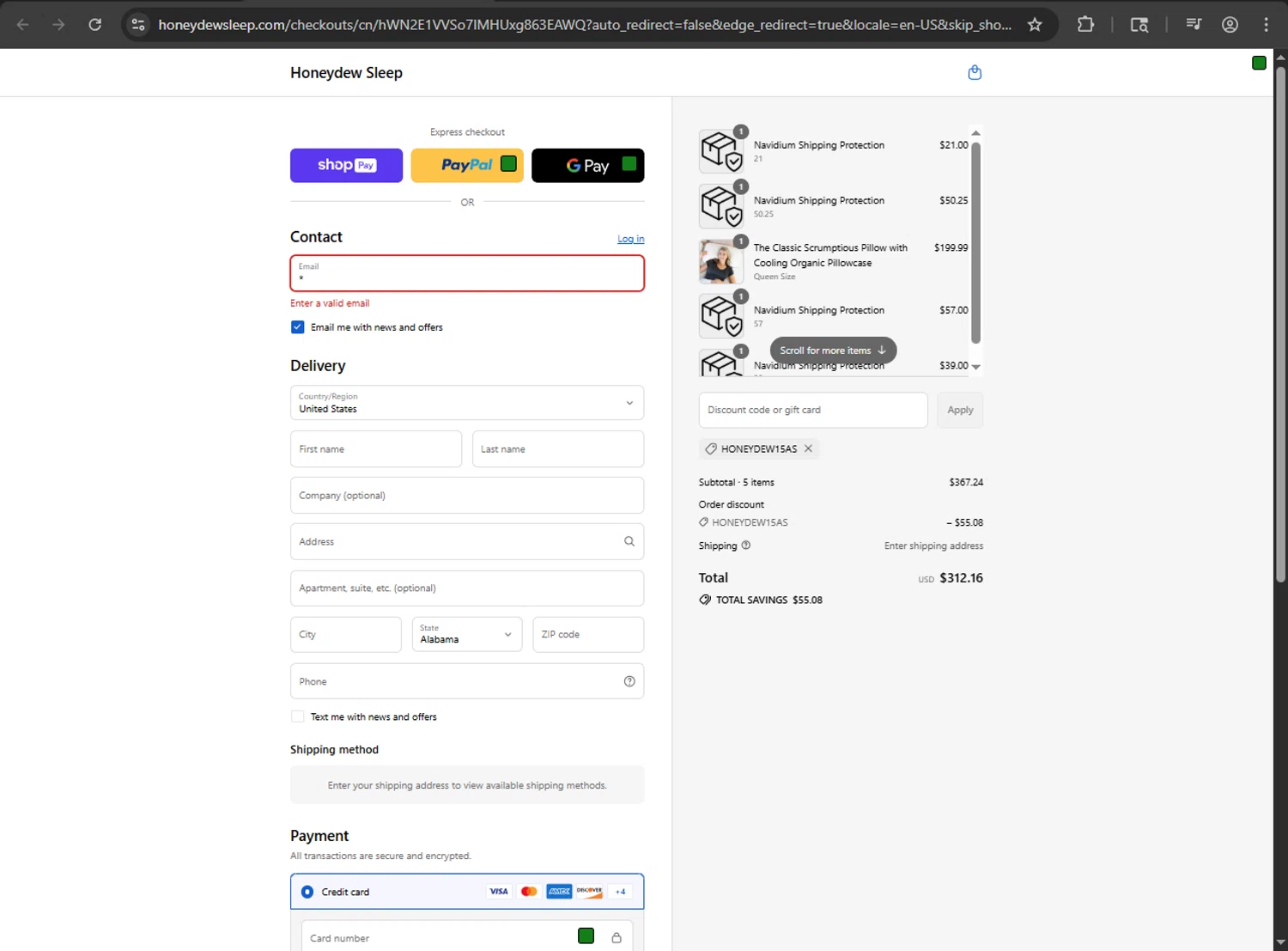 Honeydew Sleep discount code screenshot showing code HONEYDEW15AS applied at Honeydew Sleep checkout page. Uploaded by SimplyCodes community member anthonyramirez1 on Aug 25, 2025