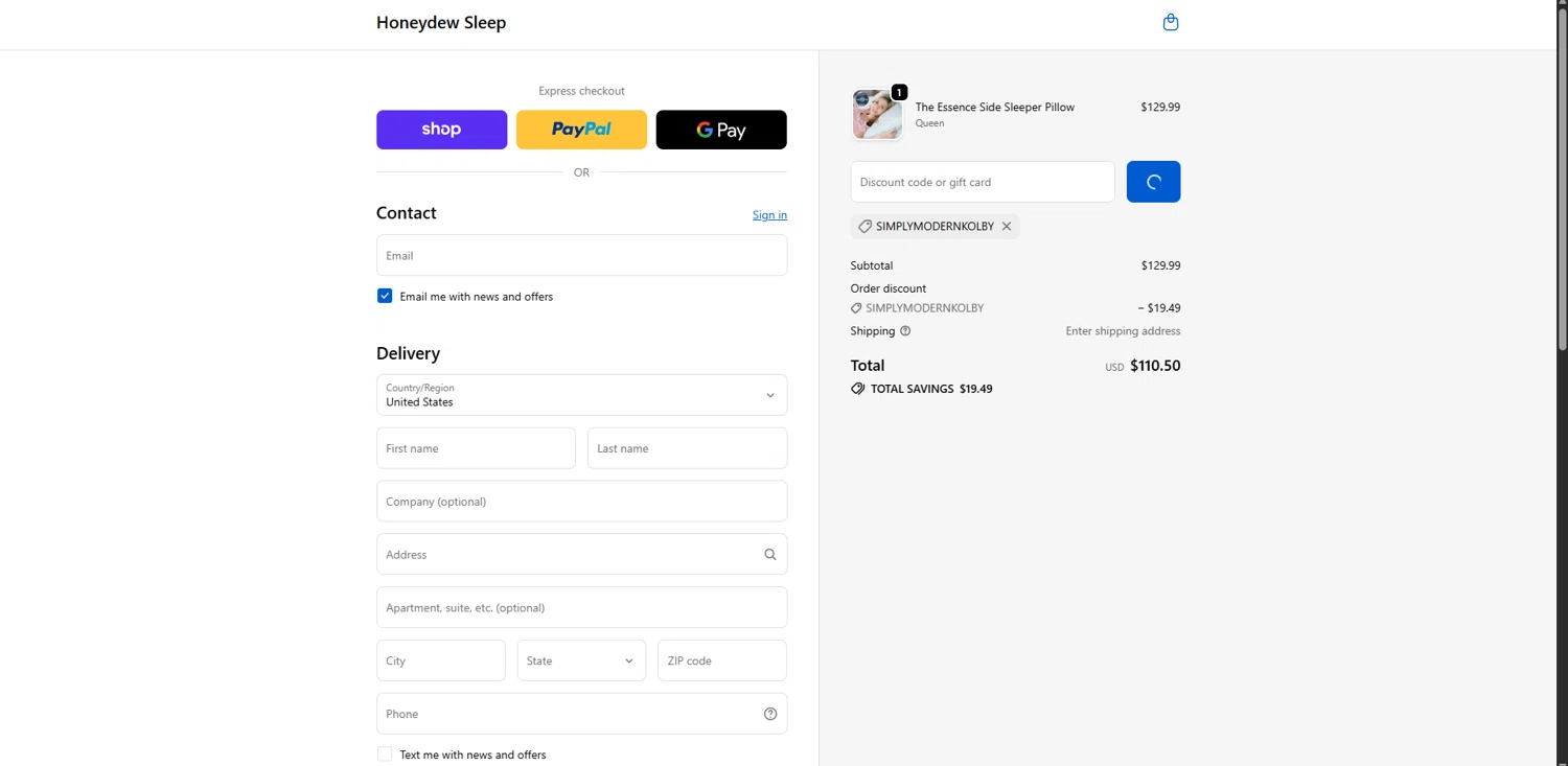 Honeydew Sleep discount code screenshot showing code Simplymodernkolby applied at Honeydew Sleep checkout page. Uploaded by SimplyCodes community member Carlosramirez09 on Dec 9, 2025