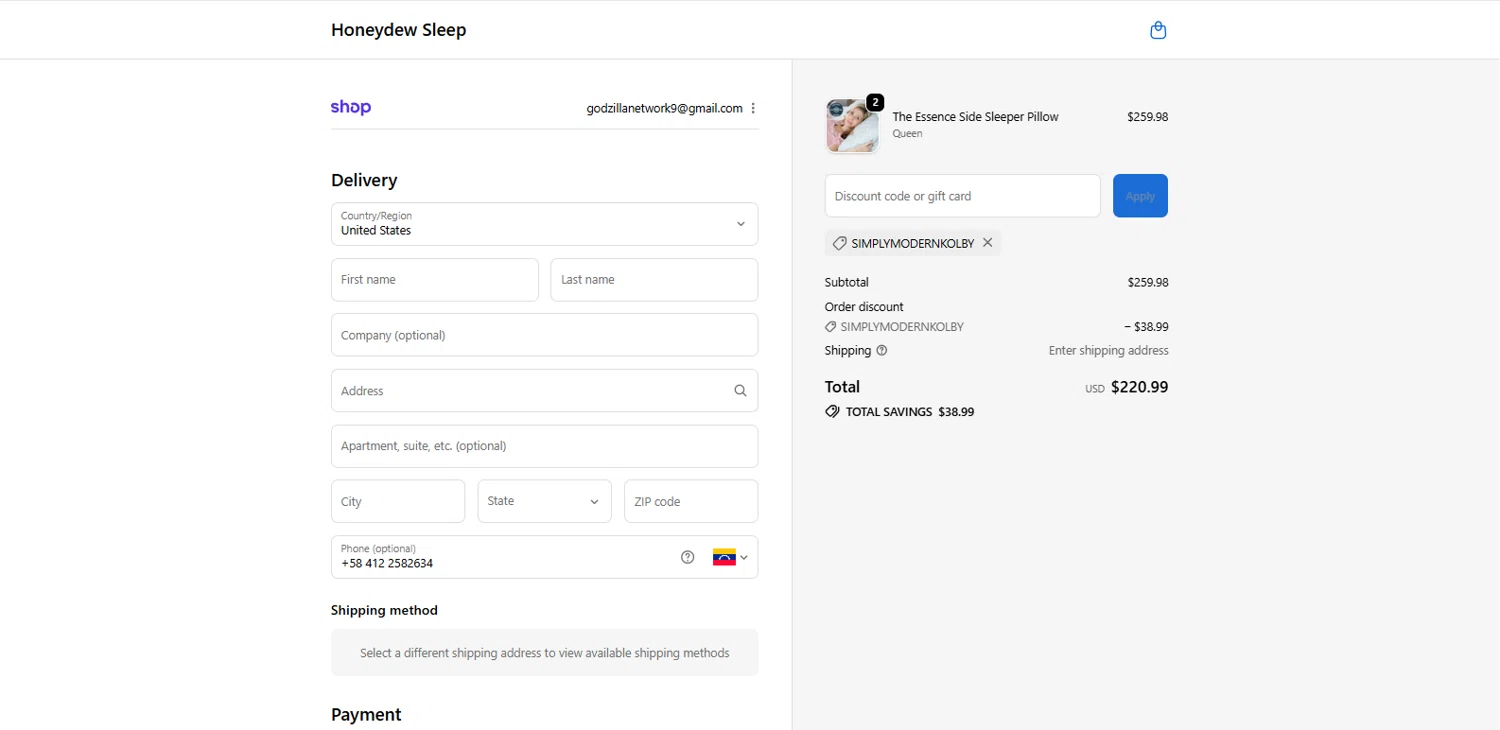 Honeydew Sleep discount code screenshot showing code Simplymodernkolby applied at Honeydew Sleep checkout page. Uploaded by SimplyCodes community member dimitriv on Nov 13, 2025