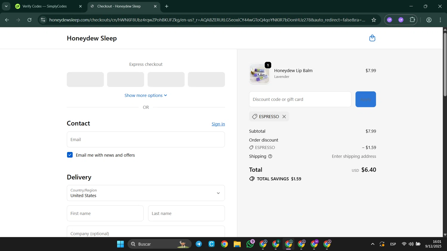 Honeydew Sleep discount code screenshot showing code ESPRESSO applied at Honeydew Sleep checkout page. Uploaded by SimplyCodes community member LuckyElite8069 on Dec 9, 2025