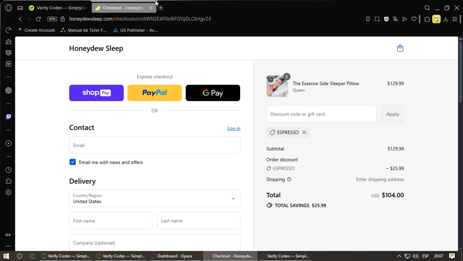 Honeydew Sleep discount code screenshot showing code ESPRESSO applied at Honeydew Sleep checkout page. Uploaded by SimplyCodes community member Saoul_ on Aug 26, 2025
