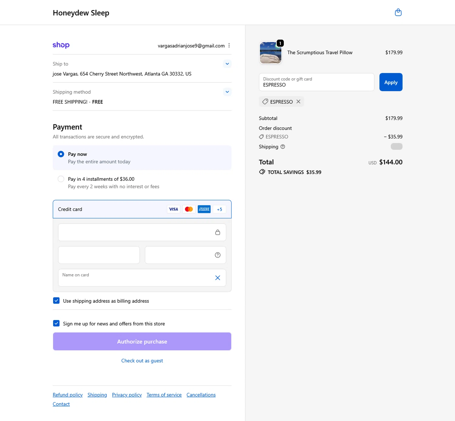 Honeydew Sleep discount code screenshot showing code ESPRESSO applied at Honeydew Sleep checkout page. Uploaded by SimplyCodes community member WladimirV on Oct 2, 2025