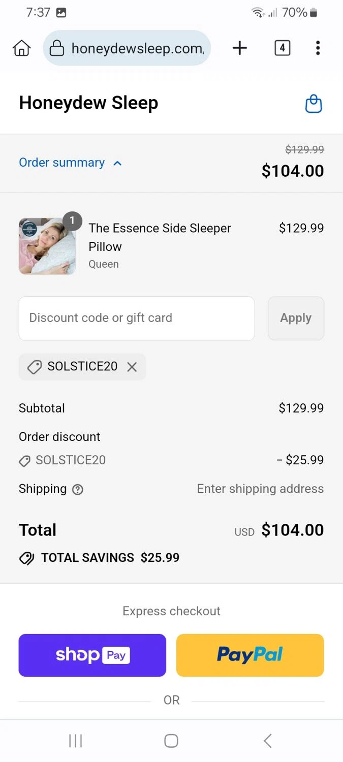 Honeydew Sleep discount code screenshot showing code SOLSTICE20 applied at Honeydew Sleep checkout page. Uploaded by SimplyCodes community member ScanMaverick9378 on Aug 25, 2025