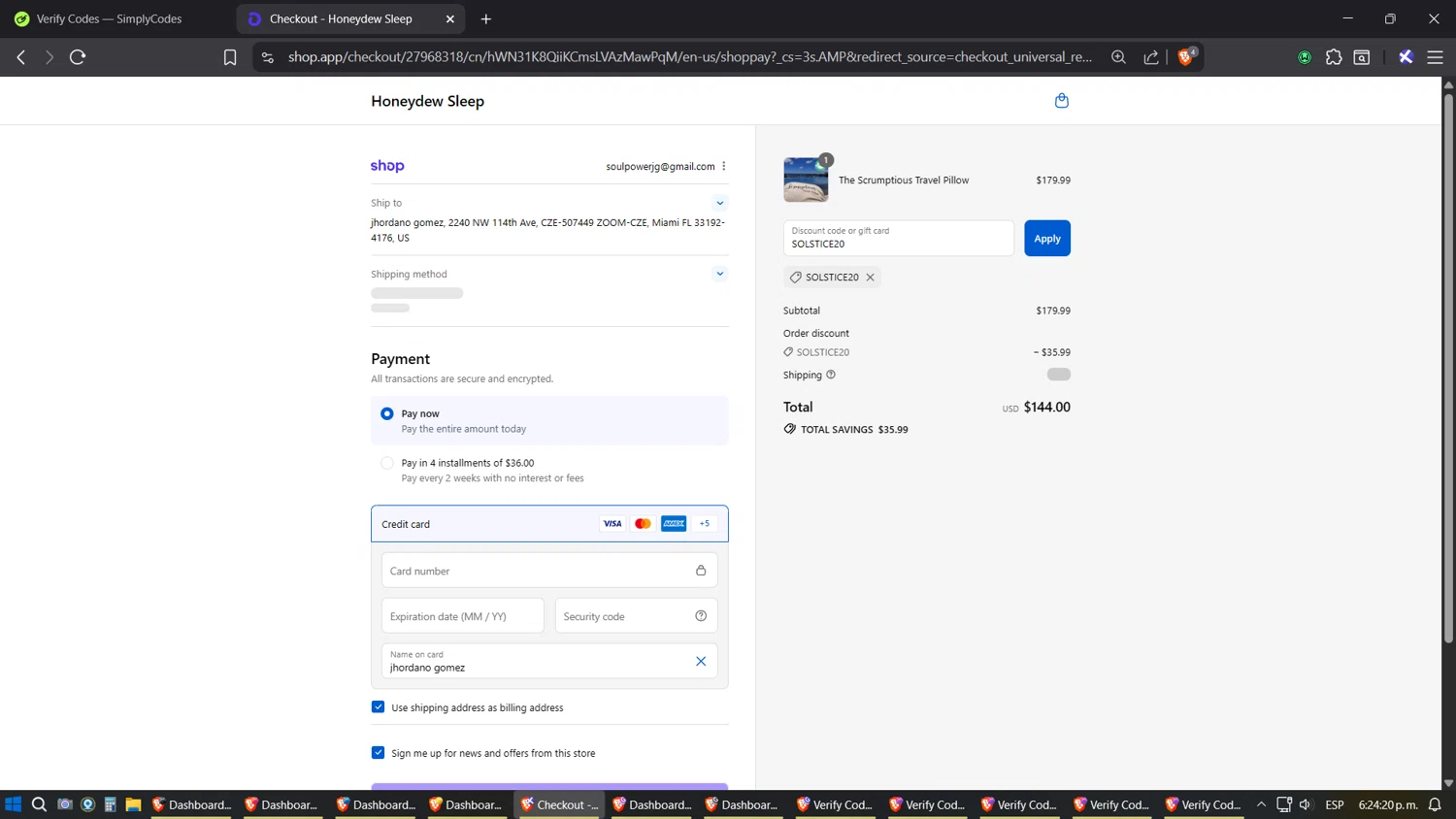 Honeydew Sleep discount code screenshot showing code SOLSTICE20 applied at Honeydew Sleep checkout page. Uploaded by SimplyCodes community member SoulPower on Sep 15, 2025