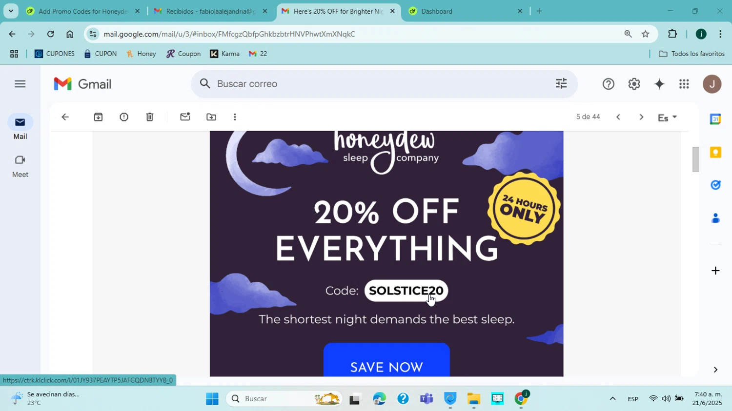 Honeydew Sleep discount code screenshot showing code SOLSTICE20 applied at Honeydew Sleep checkout page. Uploaded by SimplyCodes community member ABHF23 on Jun 21, 2025