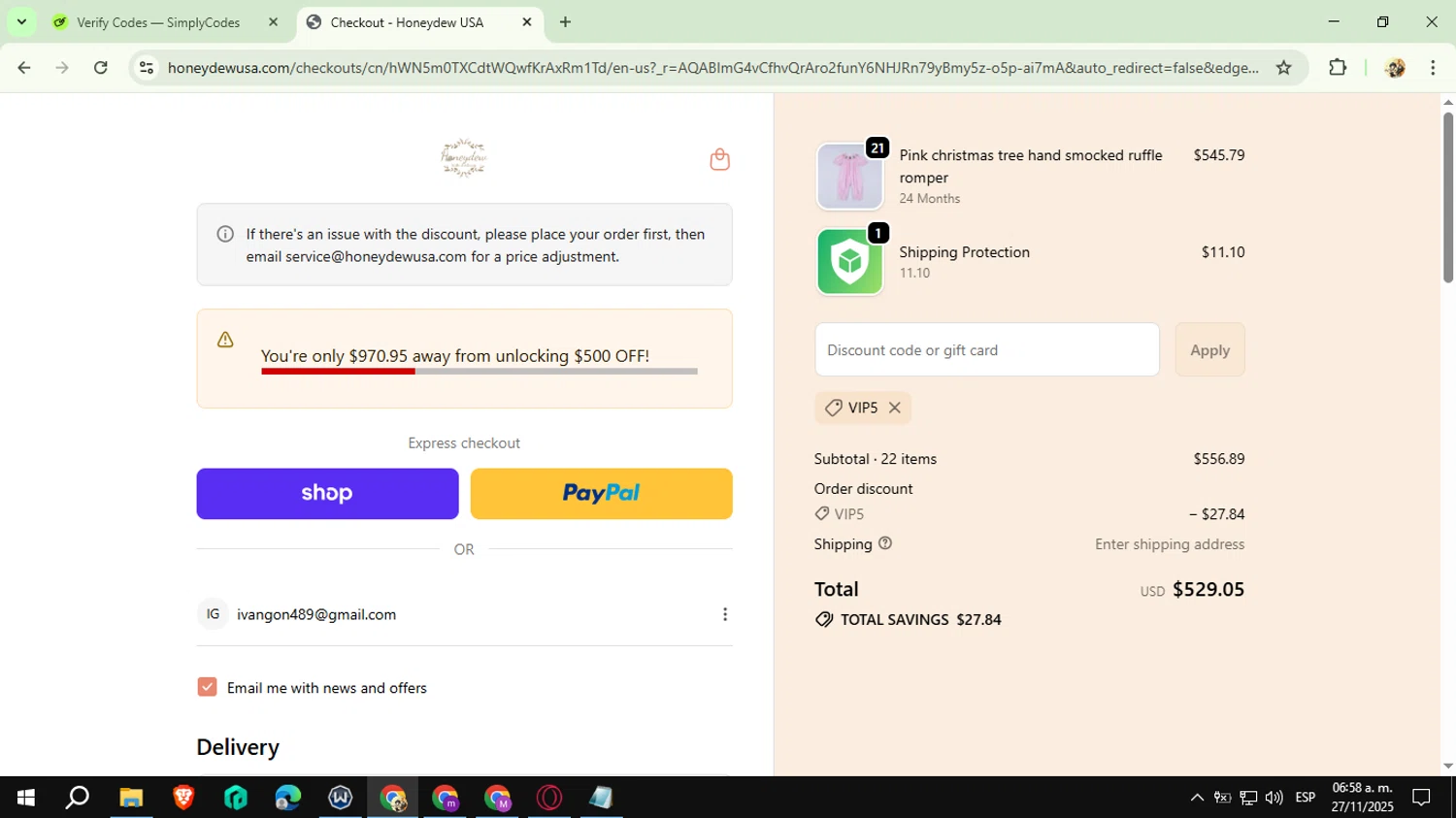 Honeydew USA discount code screenshot showing code VIP5 applied at Honeydew USA checkout page. Uploaded by SimplyCodes community member CashExpert3657 on Nov 27, 2025