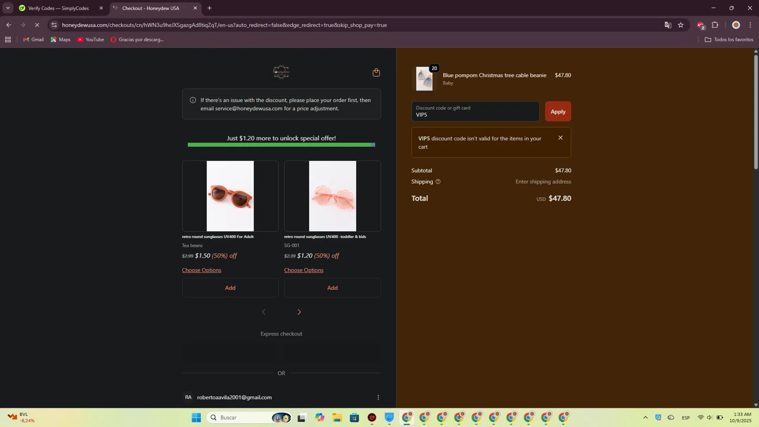 Honeydew USA discount code screenshot showing code VIP5 applied at Honeydew USA checkout page. Uploaded by SimplyCodes community member CrownPioneer7057 on Oct 9, 2025