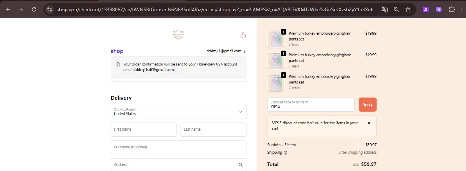 Honeydew USA discount code screenshot showing code VIP15 applied at Honeydew USA checkout page. Uploaded by SimplyCodes community member CoinMaverick1452 on Nov 12, 2025