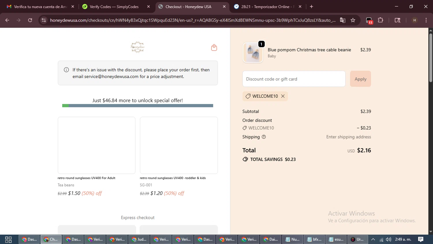 Honeydew USA discount code screenshot showing code WELCOME10 applied at Honeydew USA checkout page. Uploaded by SimplyCodes community member VictoriousPioneer8823 on Nov 6, 2025