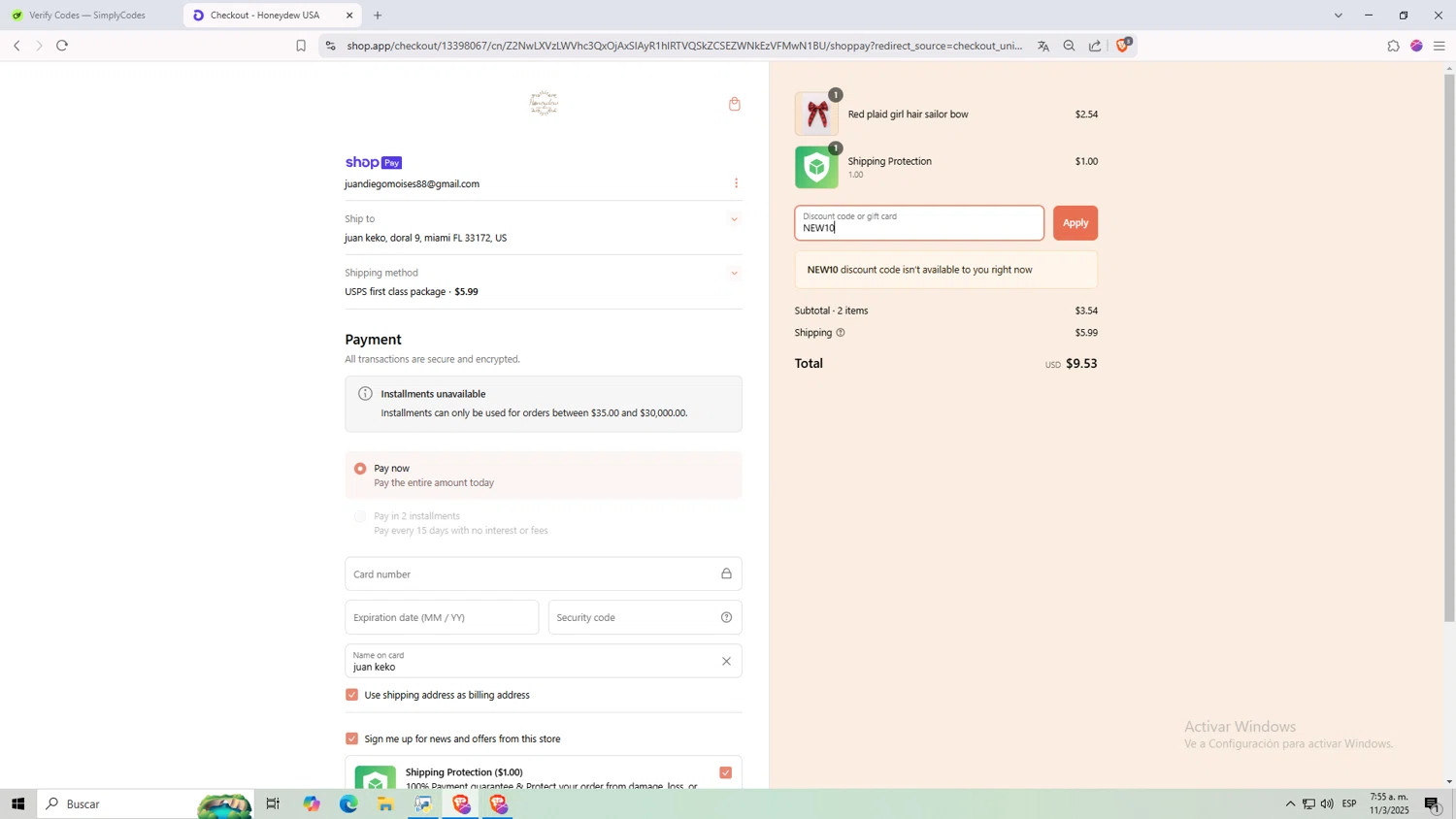 Honeydew USA discount code screenshot showing code NEW10 applied at Honeydew USA checkout page. Uploaded by SimplyCodes community member Monitos on Mar 11, 2025