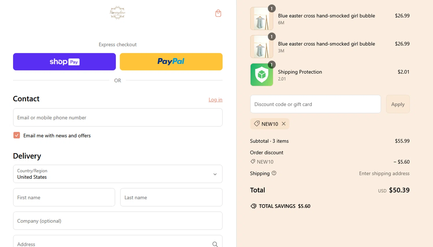 Honeydew USA discount code screenshot showing code NEW10 applied at Honeydew USA checkout page. Uploaded by SimplyCodes community member CouponHero3179 on Mar 11, 2025