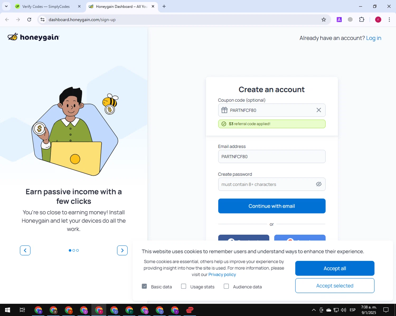 Honeygain checkout page showing Honeygain promo code box | Screenshot taken by SimplyCodes community member on Jan 9, 2025