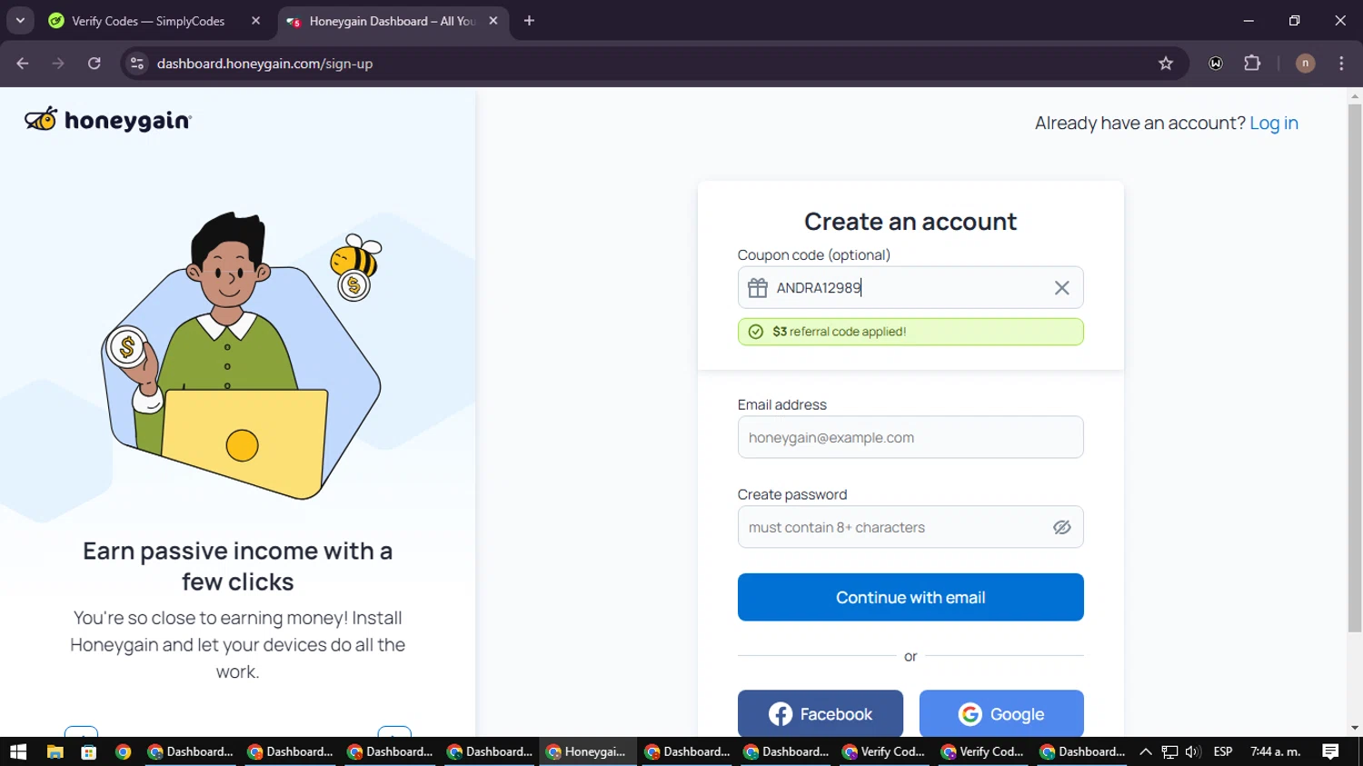 Honeygain checkout page showing Honeygain promo code box | Screenshot taken by SimplyCodes community member on Jan 9, 2025
