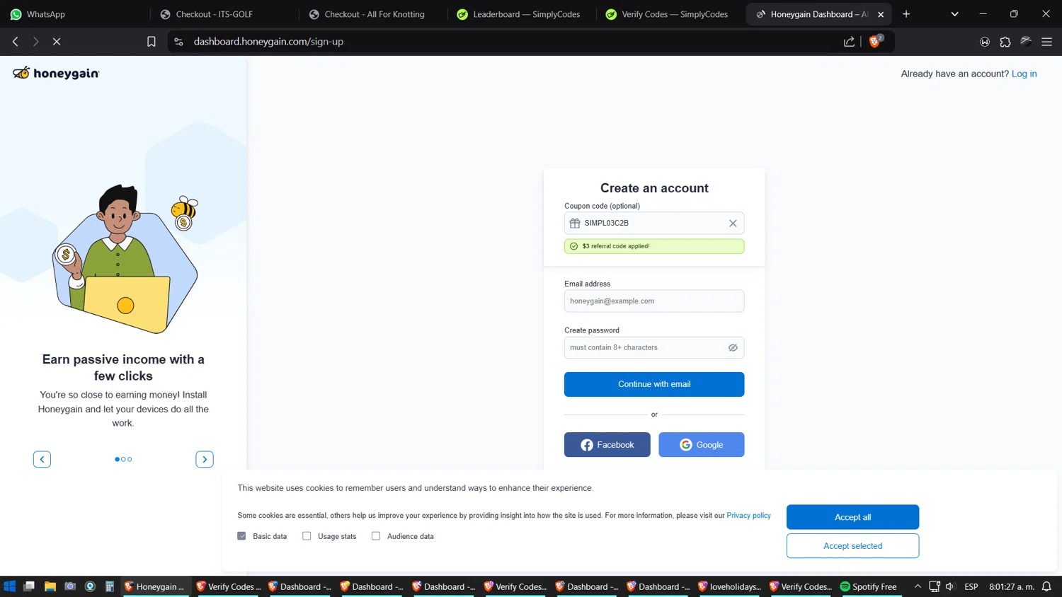 Honeygain checkout page showing Honeygain promo code box | Screenshot taken by SimplyCodes community member on Jan 9, 2025