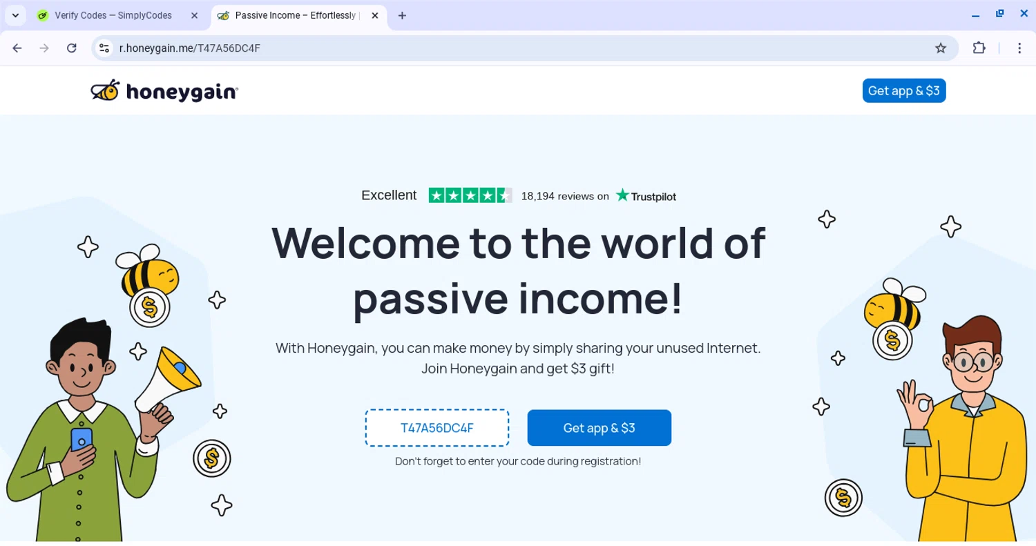 Honeygain checkout page showing Honeygain promo code box | Screenshot taken by SimplyCodes community member on Jan 9, 2025