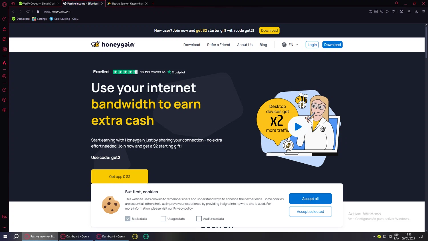 Honeygain checkout page showing Honeygain promo code box | Screenshot taken by SimplyCodes community member on Jan 9, 2025
