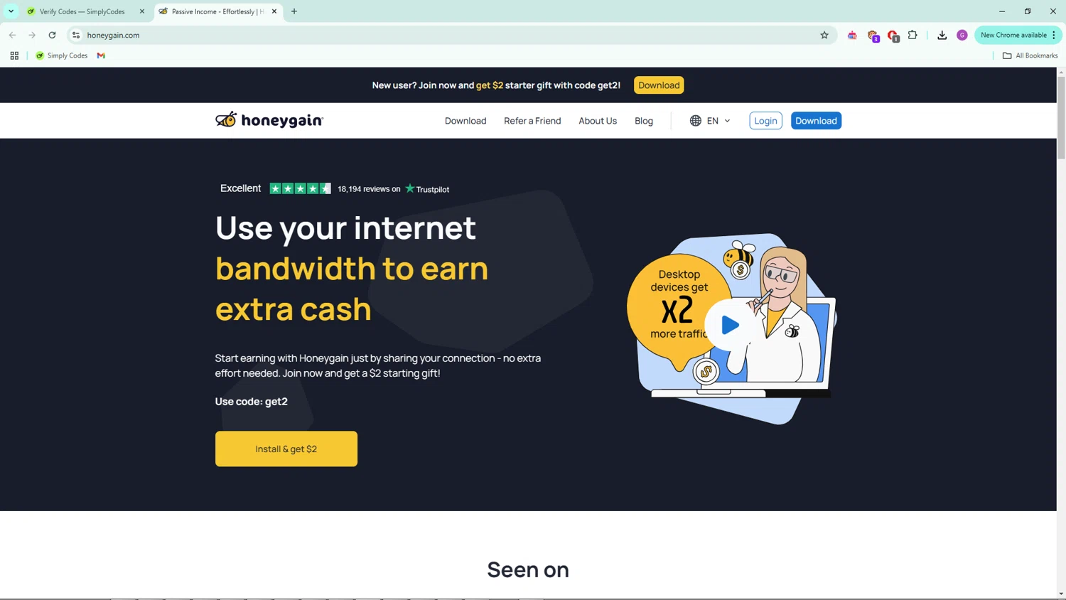 Honeygain checkout page showing Honeygain promo code box | Screenshot taken by SimplyCodes community member on Jan 9, 2025