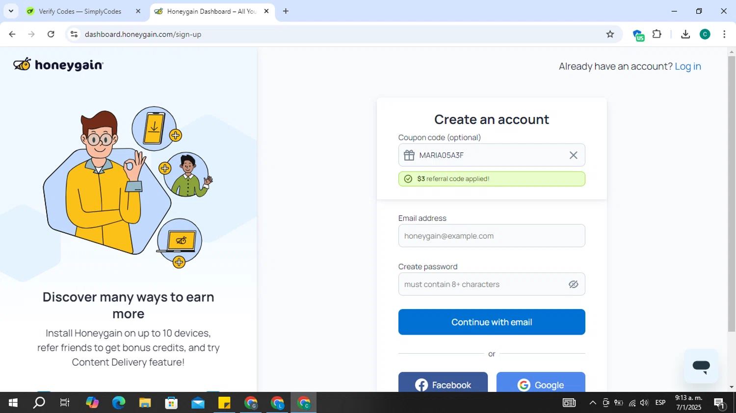 Honeygain checkout page showing Honeygain promo code box | Screenshot taken by SimplyCodes community member on Jan 7, 2025