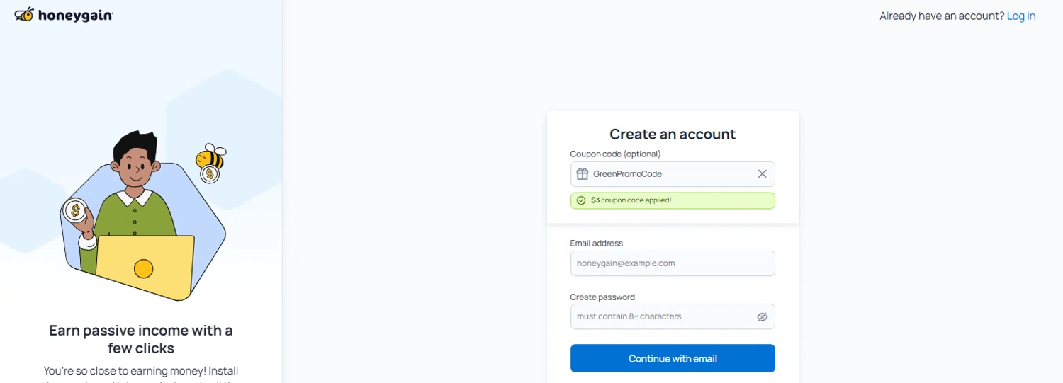Honeygain promo code screenshot showing code GreenPromoCode applied at Honeygain checkout page. Uploaded by SimplyCodes community member OnlywM on Aug 5, 2025