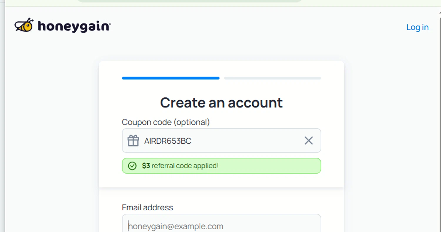 Honeygain promo code screenshot showing code AIRDR653BC applied at Honeygain checkout page. Uploaded by SimplyCodes community member usercode123 on Jan 6, 2026