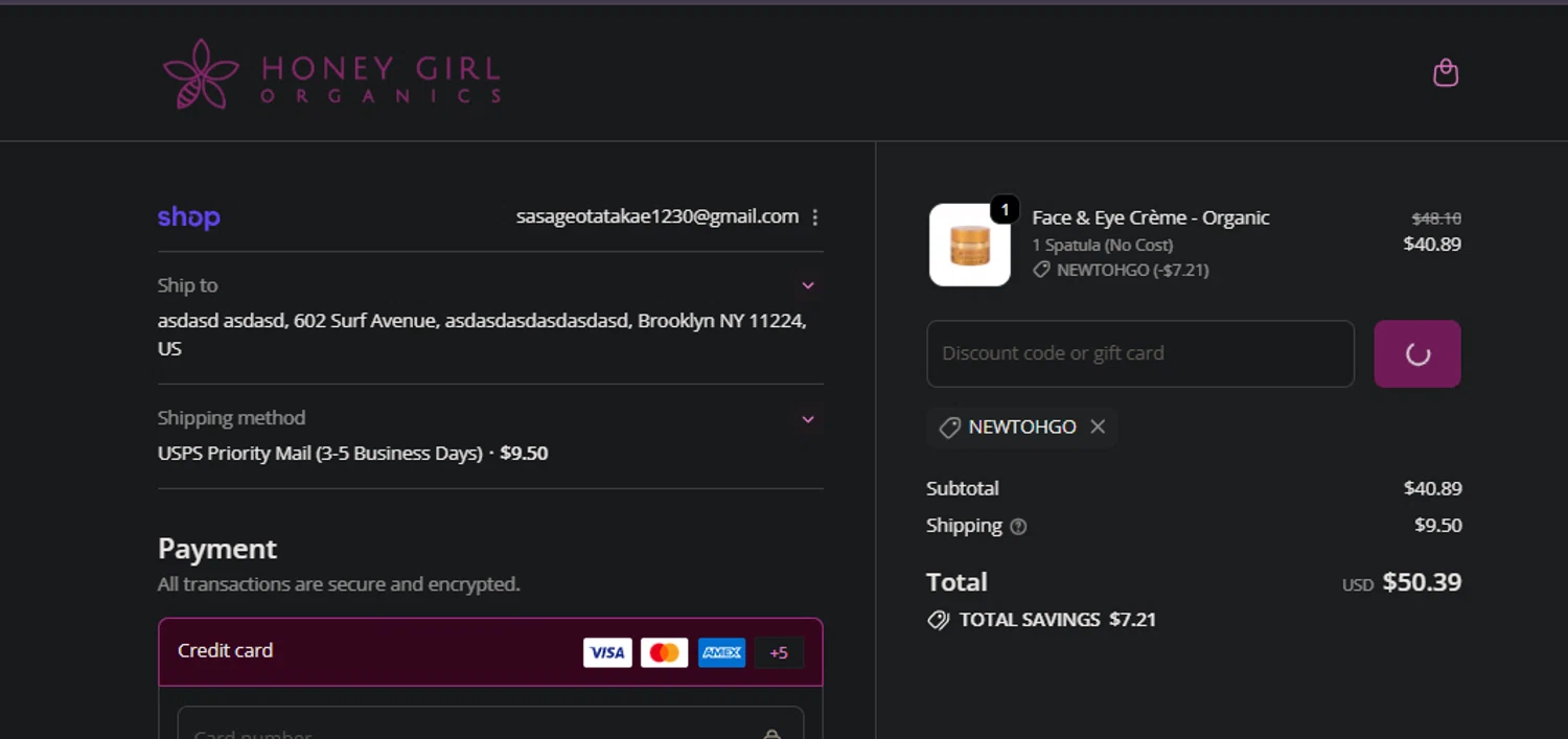 Honey Girl Organics promo code screenshot showing code NEWTOHGO applied at Honey Girl Organics checkout page. Uploaded by SimplyCodes community member FIREINTHEHOLE on Oct 23, 2025