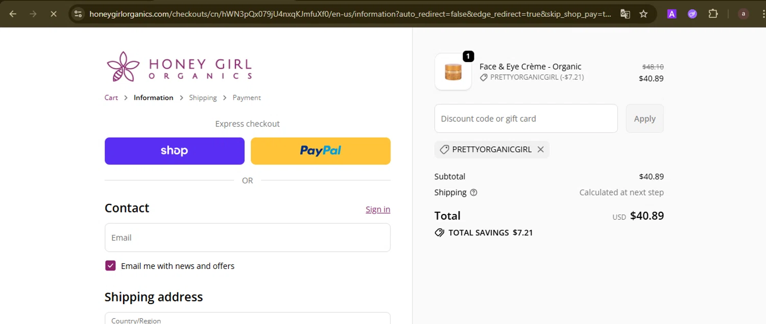 Honey Girl Organics promo code screenshot showing code PRETTYORGANICGIRL applied at Honey Girl Organics checkout page. Uploaded by SimplyCodes community member GoldCurator1773 on Oct 7, 2025