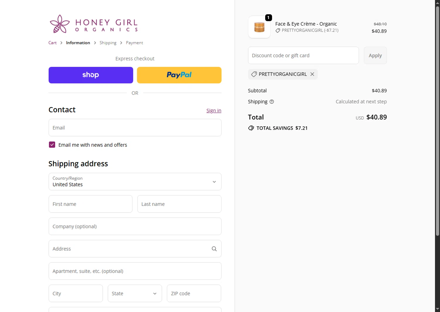 Honey Girl Organics promo code screenshot showing code PRETTYORGANICGIRL applied at Honey Girl Organics checkout page. Uploaded by SimplyCodes community member Leannysv7lla on Sep 25, 2025