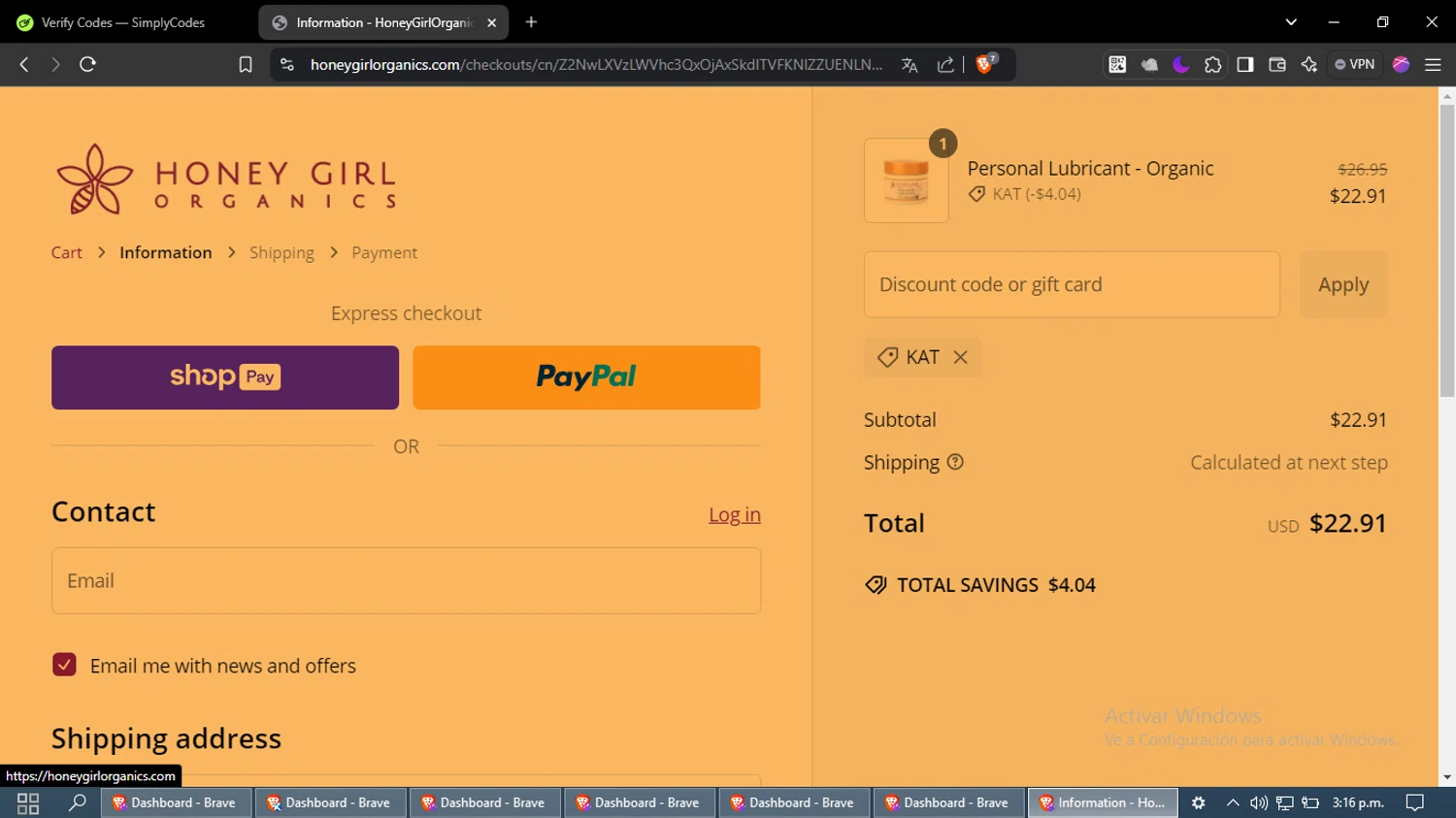 Honey Girl Organics promo code screenshot showing code kat applied at Honey Girl Organics checkout page. Uploaded by SimplyCodes community member maximoarquimedes on Jan 1, 2025