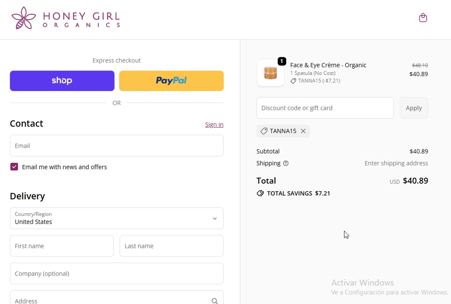 Honey Girl Organics promo code screenshot showing code tanna15 applied at Honey Girl Organics checkout page. Uploaded by SimplyCodes community member BudgetGuardian5712 on Dec 11, 2025