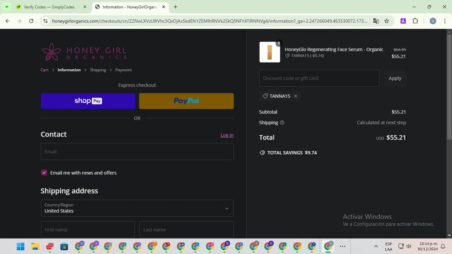 Honey Girl Organics promo code screenshot showing code tanna15 applied at Honey Girl Organics checkout page. Uploaded by SimplyCodes community member SwiftScout1619 on Dec 31, 2024