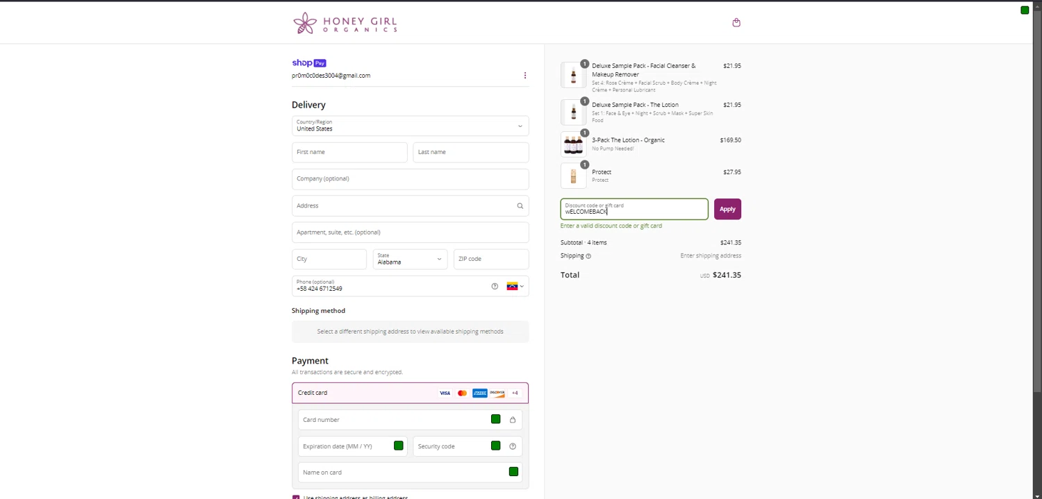 Honey Girl Organics promo code screenshot showing code wELCOMEBACK applied at Honey Girl Organics checkout page. Uploaded by SimplyCodes community member RINITOSHI on May 5, 2025
