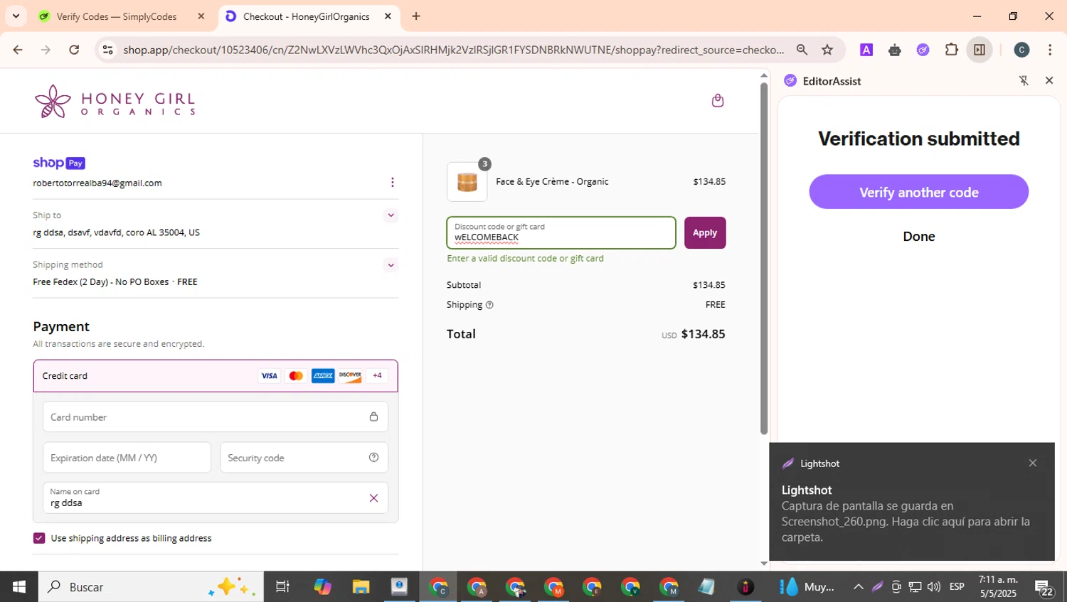 Honey Girl Organics promo code screenshot showing code wELCOMEBACK applied at Honey Girl Organics checkout page. Uploaded by SimplyCodes community member benjamnlev on May 5, 2025