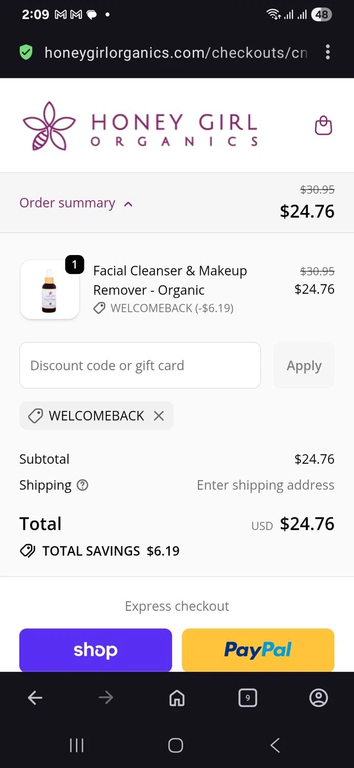 Honey Girl Organics promo code screenshot showing code Welcomeback applied at Honey Girl Organics checkout page. Uploaded by SimplyCodes community member vida5254427716958 on Nov 13, 2025