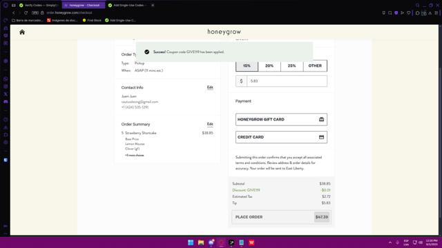 Honeygrow checkout page showing Honeygrow coupon code box | Screenshot taken by SimplyCodes community member on Aug 5, 2025