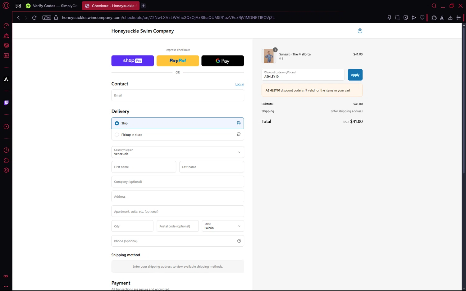 Honeysuckle Swim Company discount code screenshot showing code ASHLEY10 applied at Honeysuckle Swim Company checkout page. Uploaded by SimplyCodes community member frijolito on Jun 17, 2025
