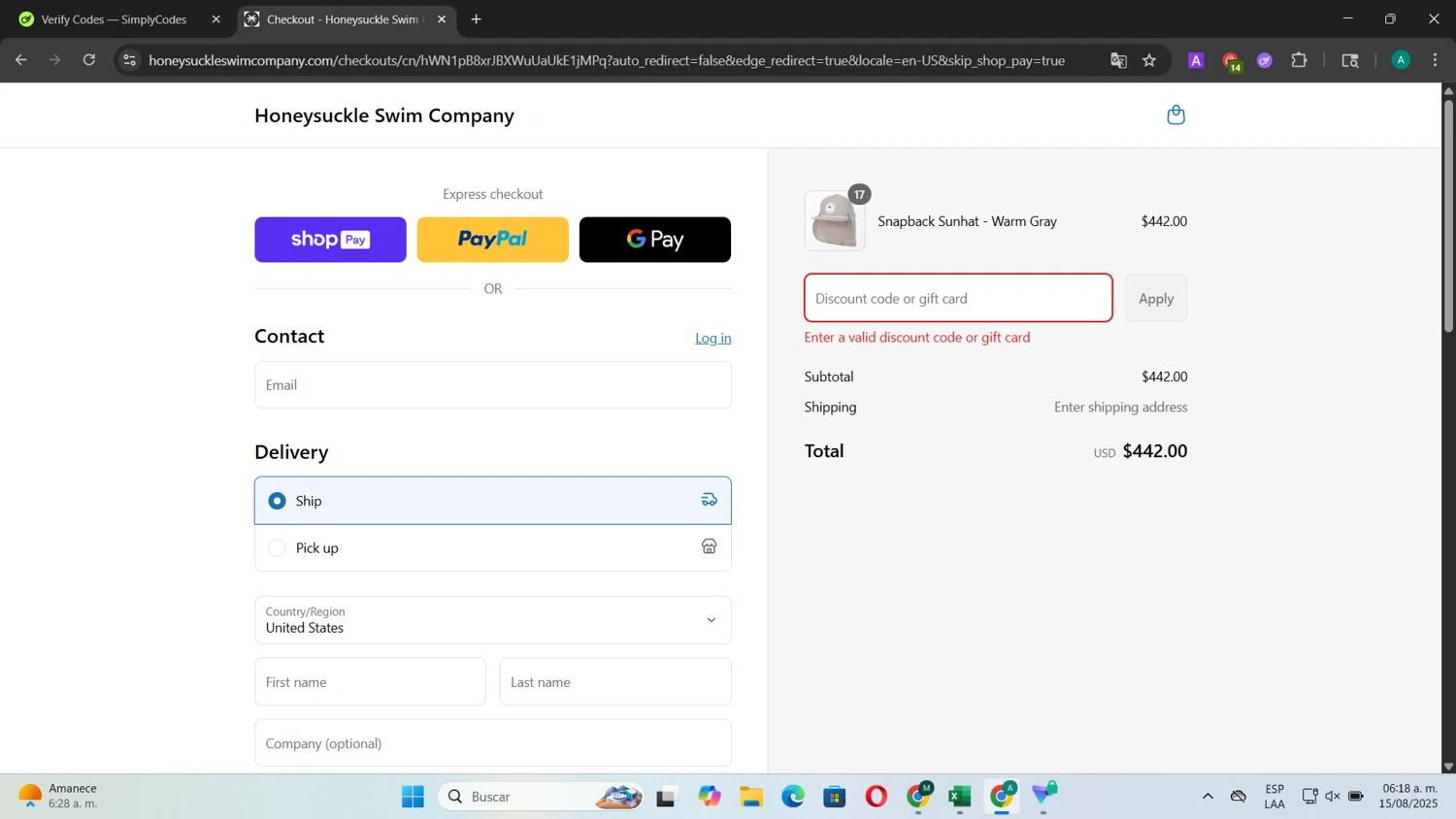 Honeysuckle Swim Company discount code screenshot showing code ASHLEY10 applied at Honeysuckle Swim Company checkout page. Uploaded by SimplyCodes community member CouponSentinel181 on Aug 15, 2025