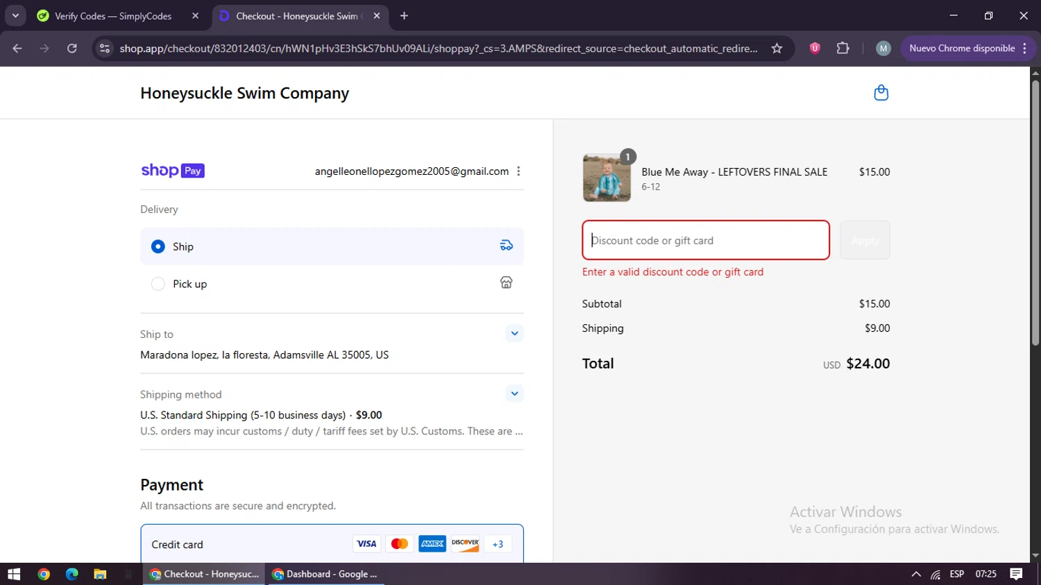 Honeysuckle Swim Company discount code screenshot showing code MIKAELA10 applied at Honeysuckle Swim Company checkout page. Uploaded by SimplyCodes community member maraxo on Aug 15, 2025