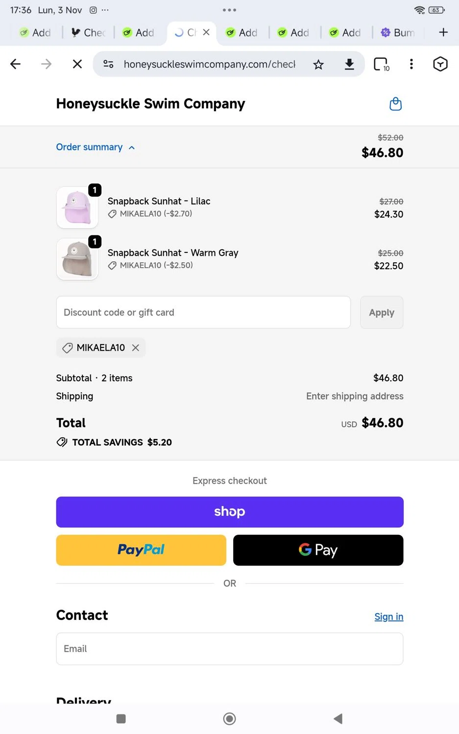 Honeysuckle Swim Company discount code screenshot showing code Mikaela10 applied at Honeysuckle Swim Company checkout page. Uploaded by SimplyCodes community member KarinaHZ on Nov 3, 2025