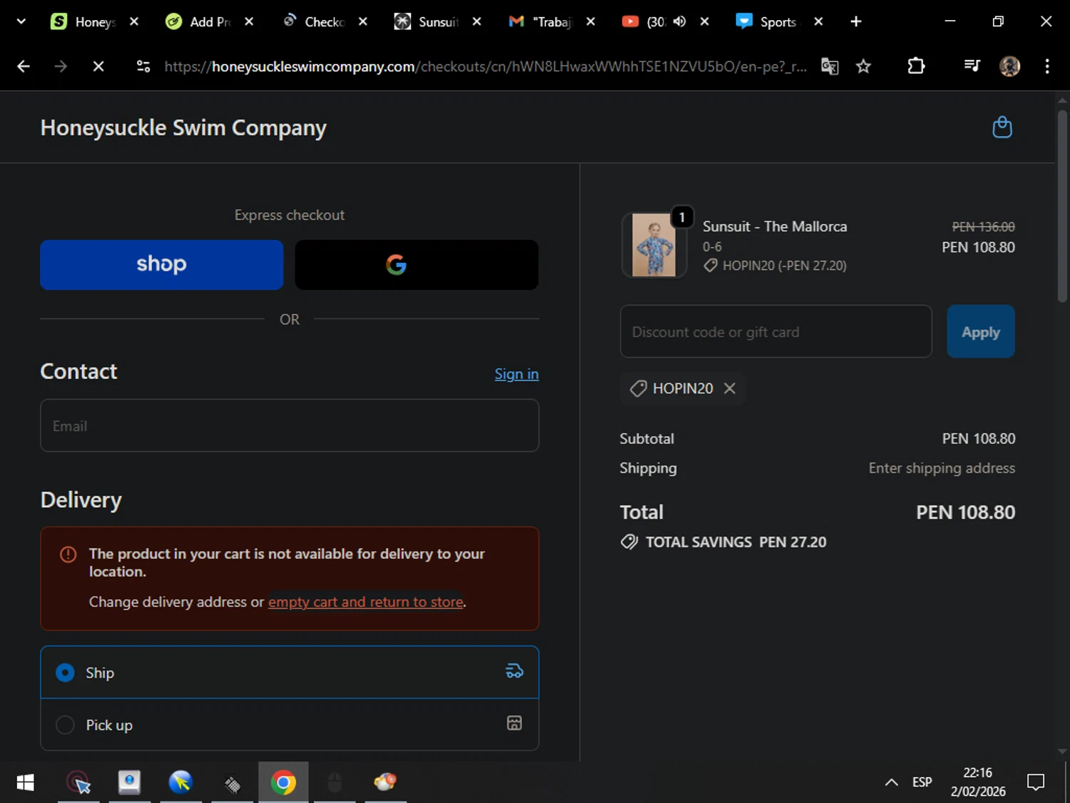 Honeysuckle Swim Company discount code screenshot showing code HOPIN20 applied at Honeysuckle Swim Company checkout page. Uploaded by SimplyCodes community member MarcosAranguren on Feb 3, 2026