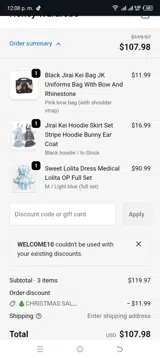 WELCOME10 coupon verification screenshot