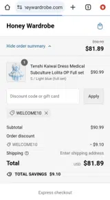 WELCOME10 coupon verification screenshot
