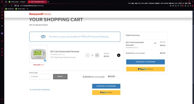 Honeywell  Home checkout page showing Honeywell  Home promo code box | Screenshot taken by SimplyCodes community member on Jan 16, 2025