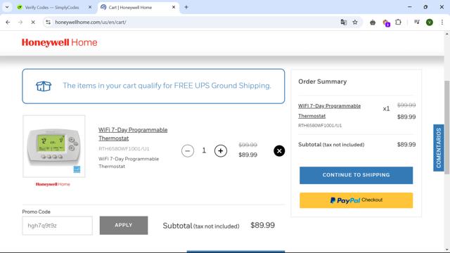 Honeywell  Home checkout page showing Honeywell  Home promo code box | Screenshot taken by SimplyCodes community member on Dec 3, 2024