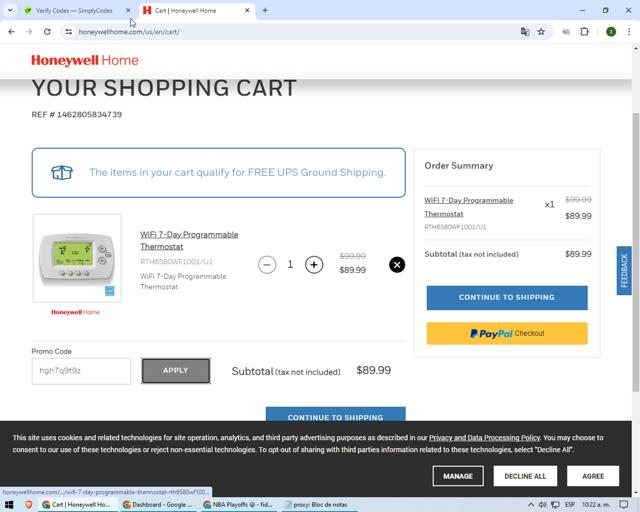 Honeywell  Home checkout page showing Honeywell  Home promo code box | Screenshot taken by SimplyCodes community member on Apr 27, 2024