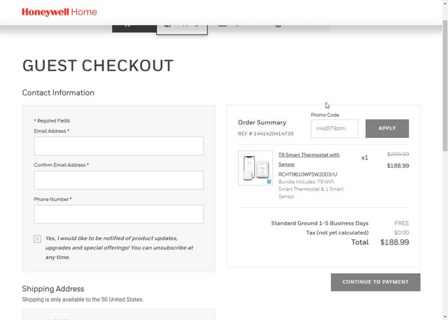 Honeywell  Home checkout page showing Honeywell  Home promo code box | Screenshot taken by SimplyCodes community member on Mar 31, 2024