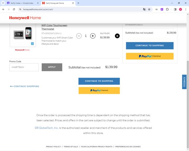 Honeywell  Home checkout page showing Honeywell  Home promo code box | Screenshot taken by SimplyCodes community member on Mar 2, 2024