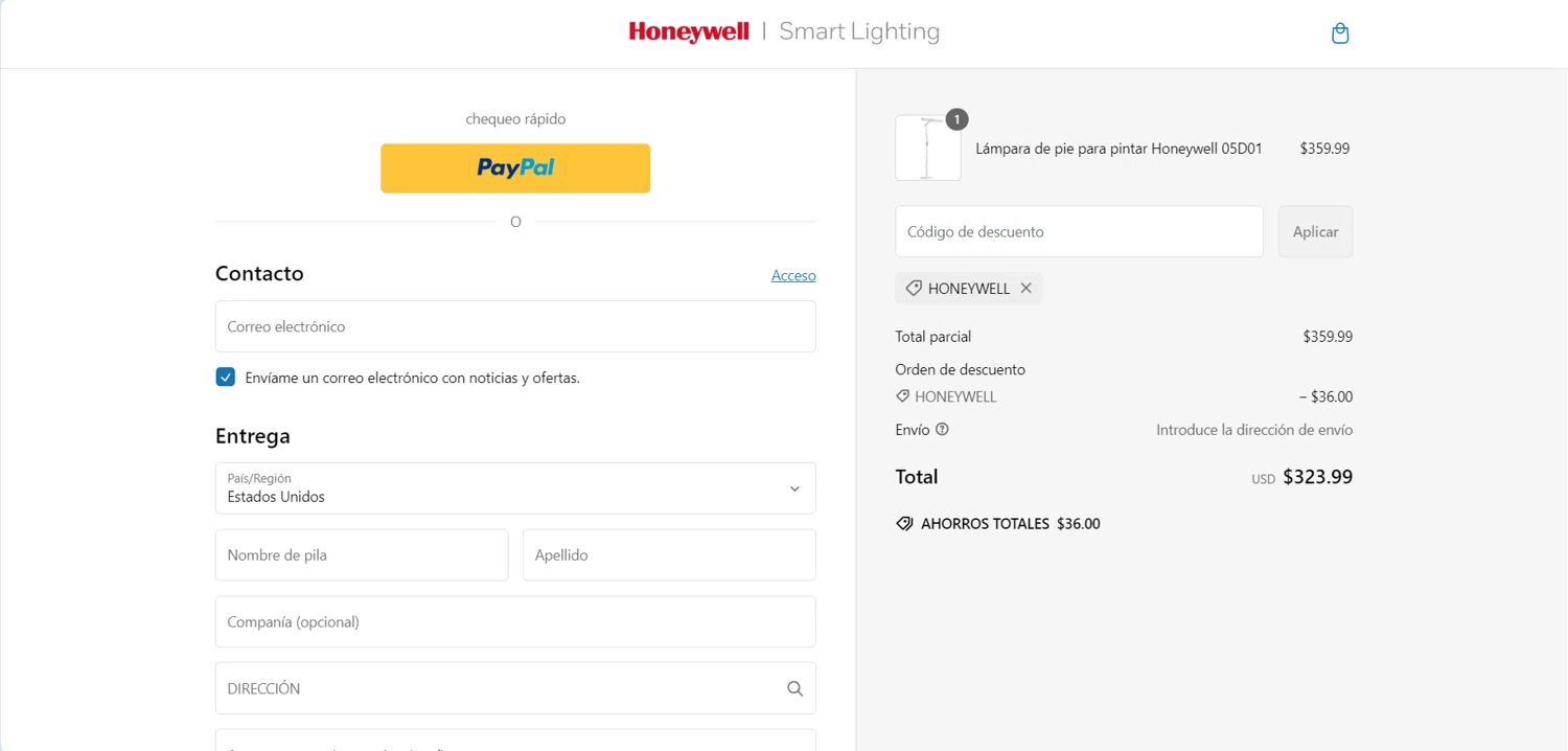 Honeywell Smart Lighting promo code screenshot showing code honeywell applied at Honeywell Smart Lighting checkout page. Uploaded by SimplyCodes community member Airtek on Feb 7, 2025