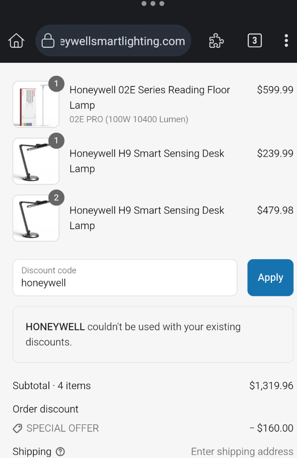 Honeywell Smart Lighting promo code screenshot showing code honeywell applied at Honeywell Smart Lighting checkout page. Uploaded by SimplyCodes community member ExtraordinaryMaestro4194 on Aug 6, 2025